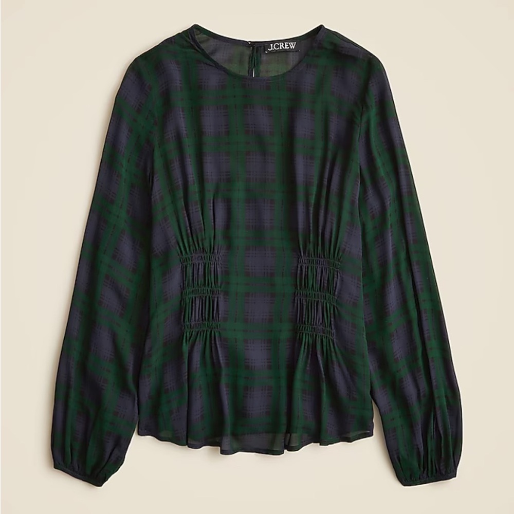 J. Crew NWT chiffon shirred waist sheer top, black watch tartan plaid, size 4